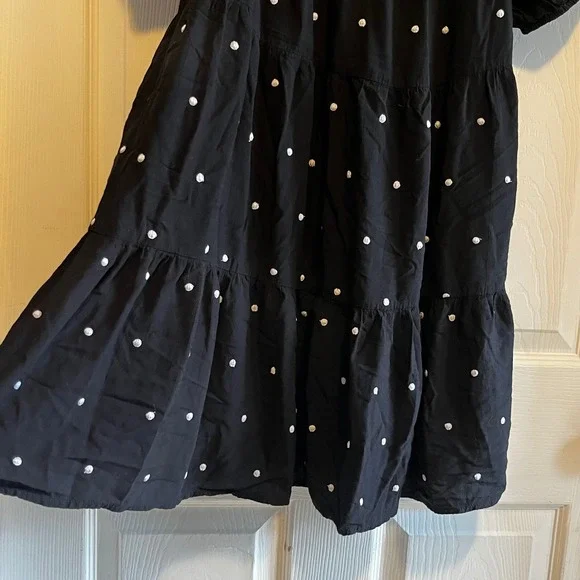 LOFT Black Polka Dot Tiered Puff Sleeve Square Neck Mini Dress Womens Medium - Picture 5 of 12